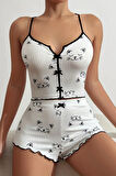 Merry See Yavru Kedi Baskılı Askılı Şortlu  Pijama Takımı