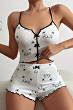 Merry See Yavru Kedi Baskılı Askılı Şortlu  Pijama Takımı