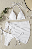 Angelsin Pareolu Bağlamalı 3'lü Bikini Takım Set (Çıkartılabilir Kaplı)