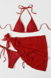 Angelsin Pareolu Bağlamalı 3'lü Bikini Takım Set (Çıkartılabilir Kaplı)