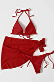 Angelsin Pareolu Bağlamalı 3'lü Bikini Takım Set (Çıkartılabilir Kaplı)