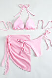 Angelsin Pareolu Bağlamalı 3'lü Bikini Takım Set (Çıkartılabilir Kaplı)