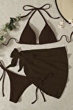 Angelsin Pareolu Bağlamalı 3'lü Bikini Takım Set (Çıkartılabilir Kaplı)