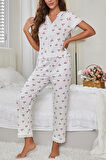 Merry See Özel Örme Kumaş Güpür Dantelli Kiraz Baskılı Kısa Kollu Pijama Takımı
