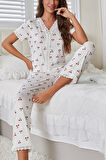Merry See Özel Örme Kumaş Güpür Dantelli Kiraz Baskılı Kısa Kollu Pijama Takımı