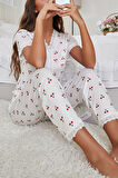 Merry See Özel Örme Kumaş Güpür Dantelli Kiraz Baskılı Kısa Kollu Pijama Takımı