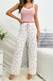 Merry See Askılı Şık Üstü Dantel İşlemeli Baskılı Pijama Takımı