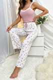 Merry See Askılı Şık Üstü Dantel İşlemeli Baskılı Pijama Takımı