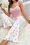 Merry See Askılı Şık Üstü Dantel İşlemeli Baskılı Pijama Takımı