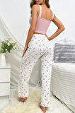 Merry See Askılı Şık Üstü Dantel İşlemeli Baskılı Pijama Takımı