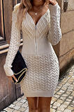 Merry See Uzun Kollu Fermuarlı Triko Örme Mini Elbise