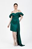 Yeşil Drapeli Mini Saten Abiye Elbise