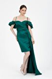 Yeşil Drapeli Mini Saten Abiye Elbise
