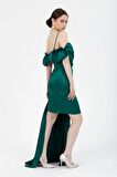 Yeşil Drapeli Mini Saten Abiye Elbise