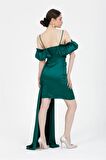 Yeşil Drapeli Mini Saten Abiye Elbise