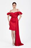 Kırmızı Drapeli Mini Saten Abiye Elbise