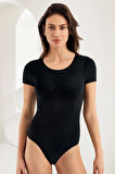 Kadın Siyah Kısa Kollu Bisiklet Yaka Çıtçıtlı Body MB860