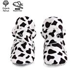 Organik Pamuk Bebek Patiği, Kaydırmaz Taban, Pamuklu Yenidoğan Pandufu Ev Kreş Ayakkabısı, İnek Deseni