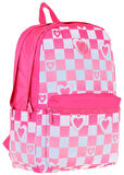 Kaukko Nature Kız Çocuk Üç Bölmeli Pembe Dama ve Kalp Desenli Okul Sırt Çantası - K1788