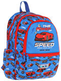 Kaukko Üç Bölmeli Erkek Çocuk İlkokul Sırt Çantası (L5268) - Mavi Kırmızı - Yarış Arabası Desenli