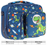 Kaukko Erkek Çocuk, Lacivert Yeşil, Dinazor Baskılı Isı Yalıtımlı Üç Bölmeli (Matara Cepli) Okul Beslenme Çantası L7252