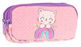 Kaukko Kids Pembe Mor, Kedili, Kız Çocuk Üç Gözlü Okul Kalem Çantası - L8241