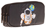 Kaukko Kids Siyah, Astronot, Erkek Çocuk Üç Bölmeli Okul Kalem Çantası - L8253