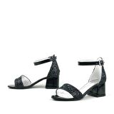 Siyah Simli Kalın Topuklu Kız Çocuk Abiye Ayakkabı