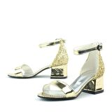 Altın Aynalı Simli Kalın Topuklu Kız Çocuk Abiye Ayakkabı