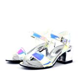 Hologram Gümüş-Pembe Kalın Topuklu Kız Çocuk Abiye Ayakkabı