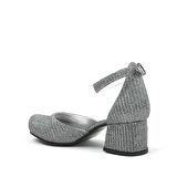 Platin Simli Kalın Topuklu Kız Çocuk Topuklu Ayakkabı