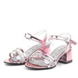 Pembe Rugan Taşlı Kalın Kız Çocuk Abiye Topuklu Ayakkabı