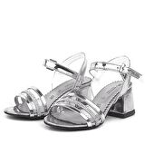 Platin Gri Rugan Taşlı Kalın Kız Çocuk Abiye Topuklu Ayakkabı