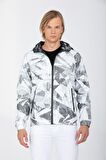 Erkek Beyaz Kapüşonlu Desenli Suni Deri Kumaşlı Astarlı Baharlık Mont 8069