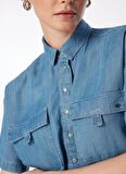Lee Cooper Crop Klasik Yaka Düz Mavi Kadın Denim Gömlek 242 LCF 141001 CARDY DENIM