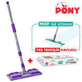 Pony Mandallı Mop + Yer Temizlik Havlusu Hediyeli Microfiber Yüzey Set Paspas Duvar Cam Kıskaçlı Klipsli