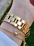 Revello Çelik Swarovski Taşlı Özel Altın Kaplama Elite Modeli 30 Mt Su Geçirmez+Bileklik Lady Wristwatch RES.170091-A