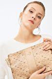 Kadın Basic Clutch Çanta Monogram Desenli Şeritli Logolu Altın 214002