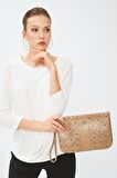 Kadın Basic Clutch Çanta Monogram Desenli Şeritli Logolu Altın 214002