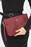 Kadın Basic Clutch Çanta Monogram Desenli Şeritli Logolu Bordo 214002