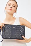 Kadın Basic Clutch Çanta Monogram Desenli Şeritli Logolu Lacivert 214002