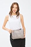 Kadın Basic Clutch Çanta Monogram Desenli Gümüş 214002