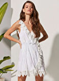 White by Nature Beyaz Kadın Mini Plaj Elbisesi 31108 ANVELOP ÖZEL İŞLEMELİ ELBİSE