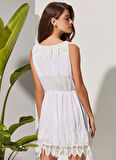 White by Nature Beyaz Kadın Mini Plaj Elbisesi 31108 ANVELOP ÖZEL İŞLEMELİ ELBİSE