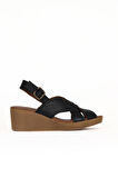 Bueno Shoes Siyah Deri Kadın Dolgu Topuklu Sandalet 01we3906