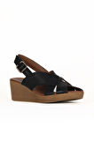 Bueno Shoes Siyah Deri Kadın Dolgu Topuklu Sandalet 01we3906