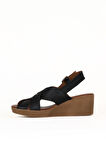 Bueno Shoes Siyah Deri Kadın Dolgu Topuklu Sandalet 01we3906