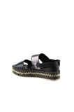 Bueno Shoes Siyah Kurşun Deri Kadın Dolgu Topuklu Sandalet 01ws5200