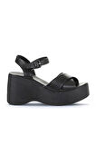Bueno Shoes Siyah Deri Kadın Dolgu Topuklu Sandalet 01wy9001