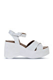 Bueno Shoes Beyaz Deri Kadın Dolgu Topuklu Sandalet 01wy9001
